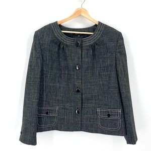 Kasper 4 Button Gray Blazer Jacket with White Contrasting Stitching Size 18